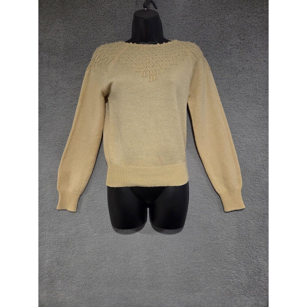 Vtg Jean Nicole Sweater Womens S Beige Pearl‎ Beaded Yoke Crewneck 80s